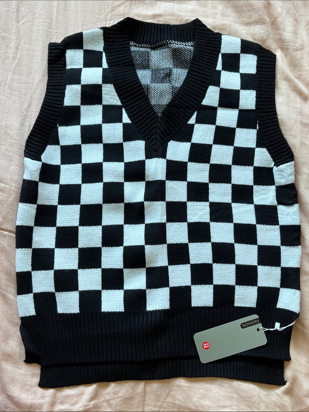 Checkerboard V-Neck Sweater Vest - Black & White